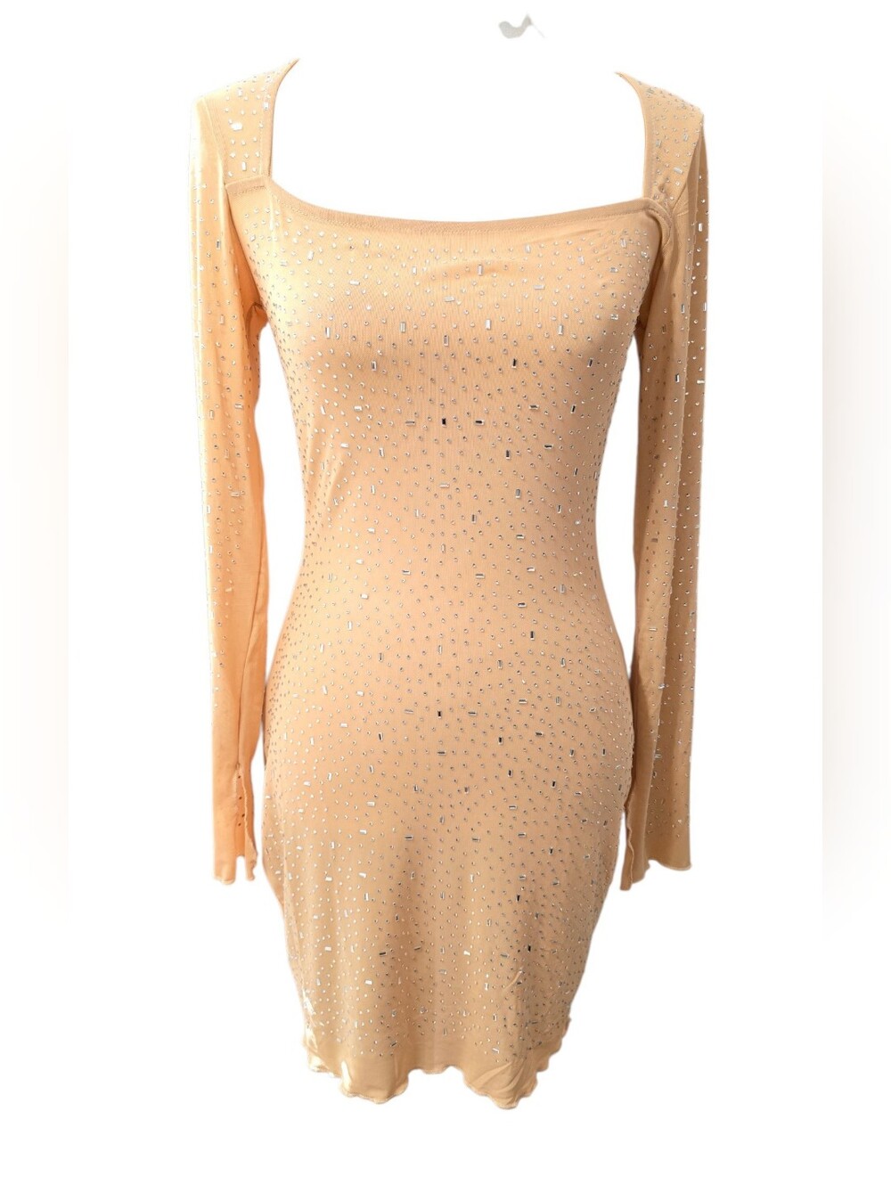 Women's Peach Rhinestone Long Sleeve Square Neck Dress